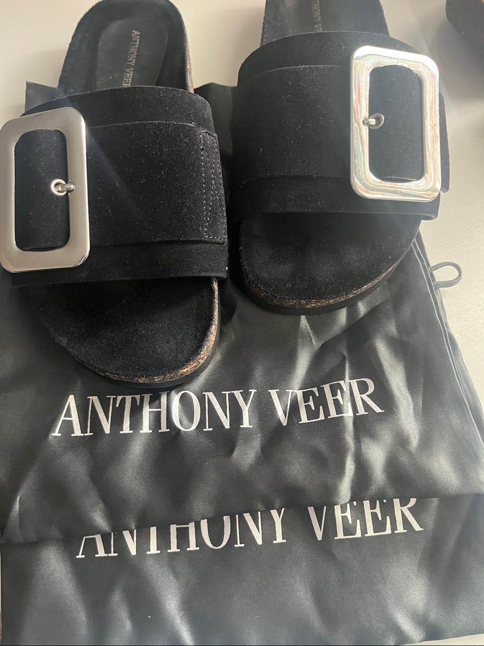 Anthony Veer Black Suede Slide Mules with Silver Buckle